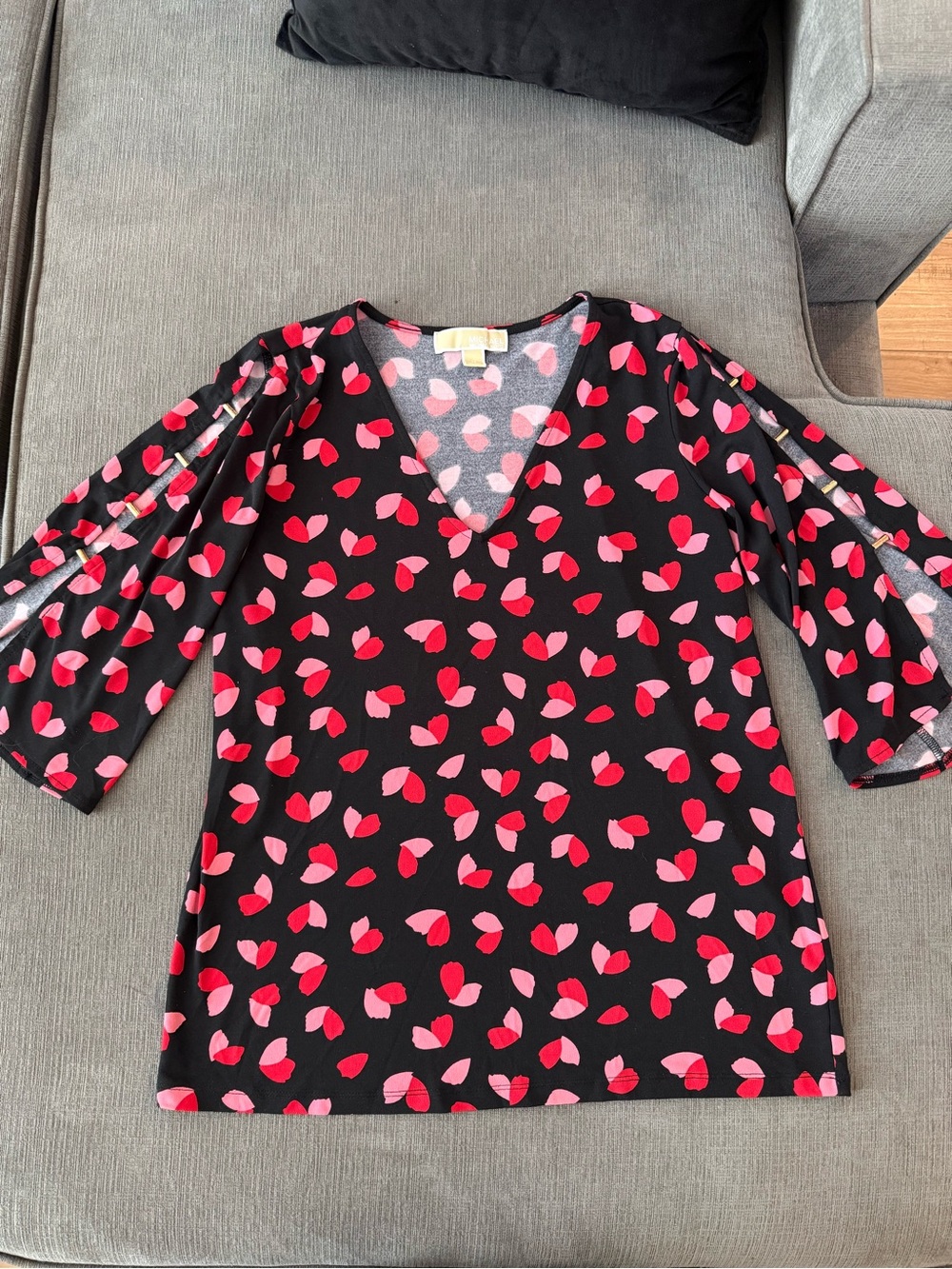 Michael Kors Black V-Neck Tunic with Pink & Red Petal Print